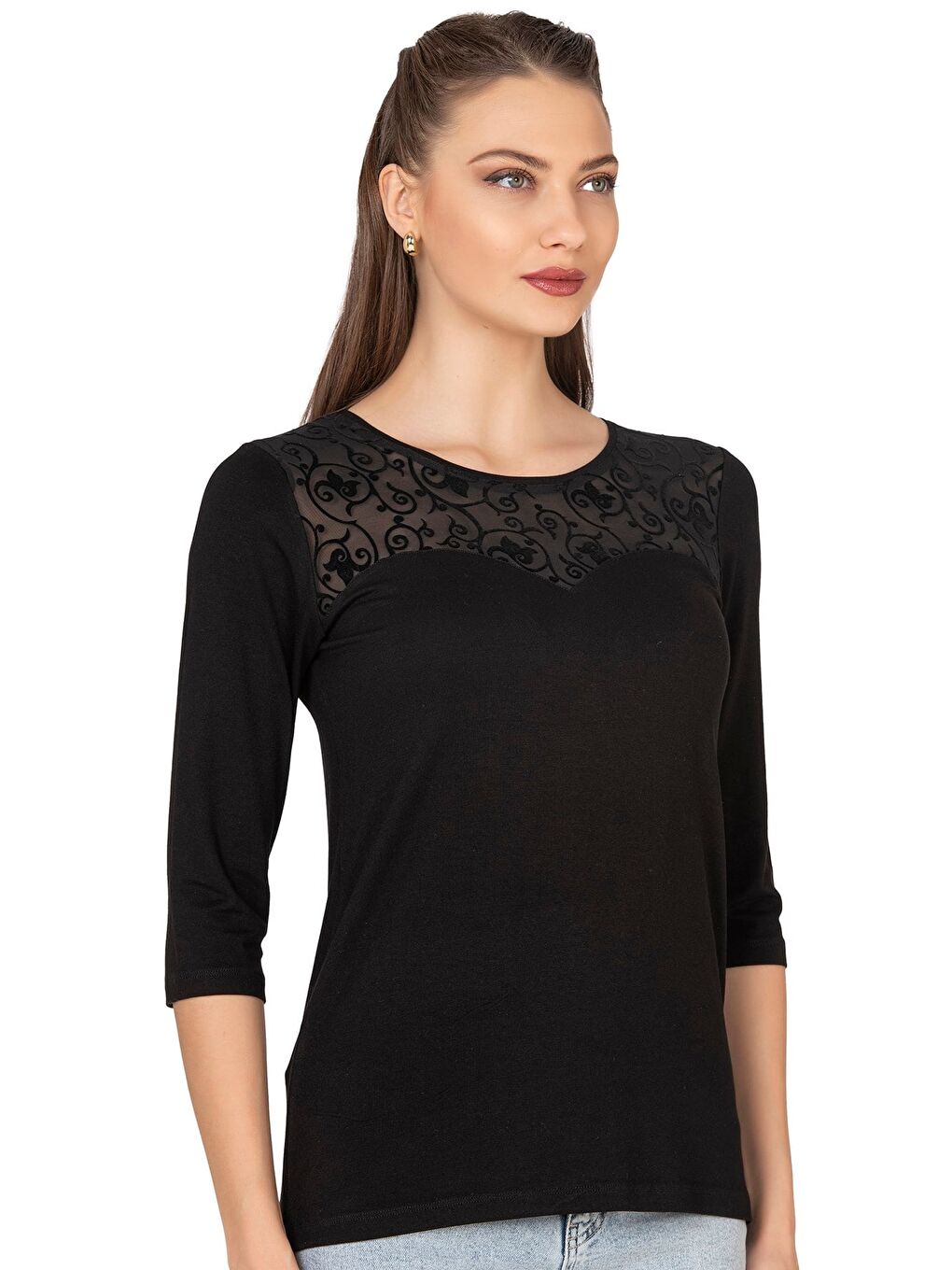 Kadın Transparan Yaka Garnili Bluz | Siyah 25250-2