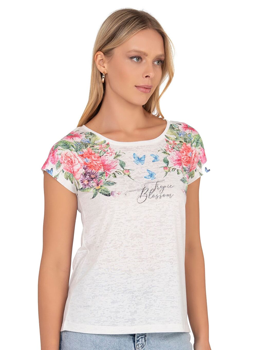 Kadın Floral Desenli Yazı Detaylı Bluz | Ekru 25792-2