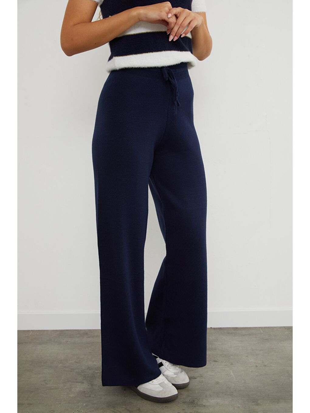 Lacivert Beli Lastikli Palazzo Triko Pantolon-4
