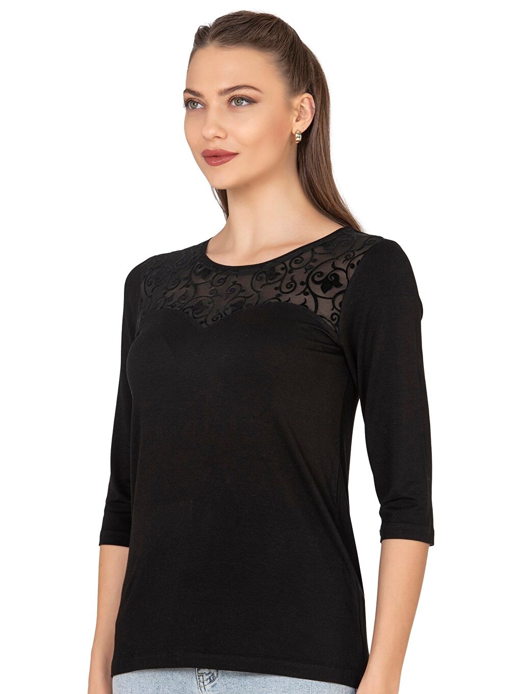 Kadın Transparan Yaka Garnili Bluz | Siyah 25250-3