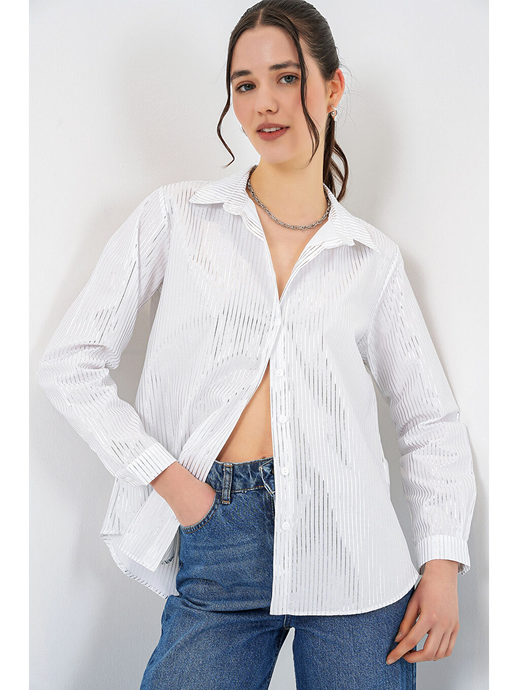 Gri Kadın Varak Desenli Gömlek 20253 - B.Gümüş-2