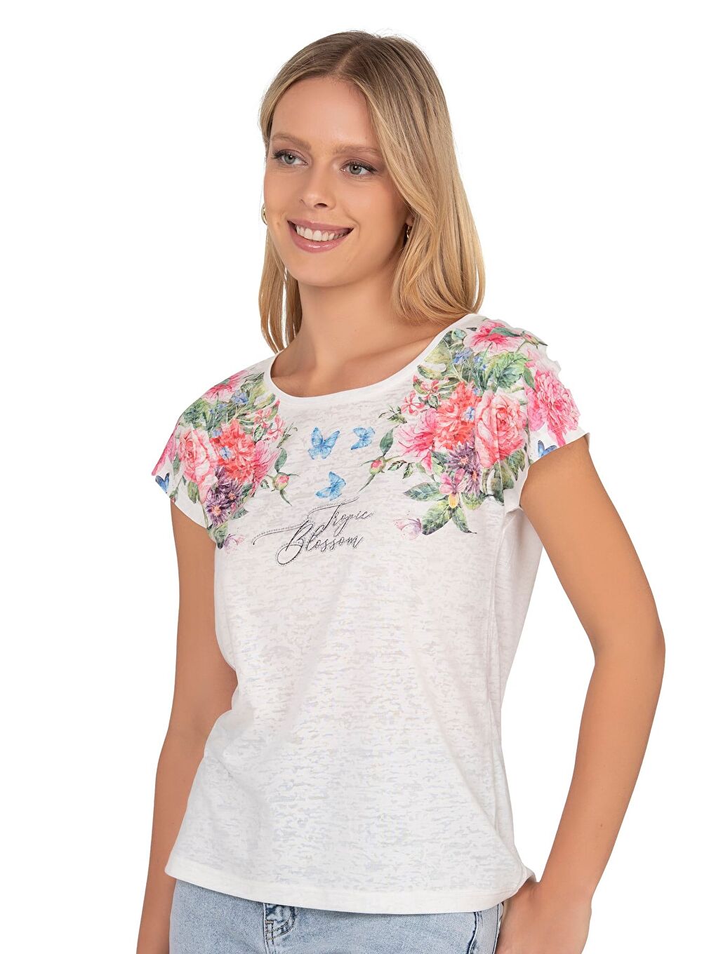 Kadın Floral Desenli Yazı Detaylı Bluz | Ekru 25792-3