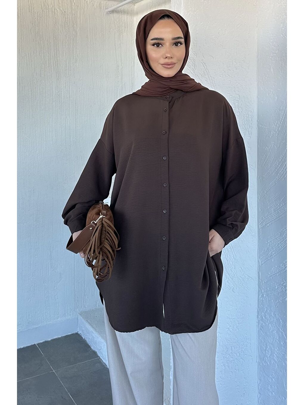 Kahverengi Hakim Yaka Basic Tesettür Tunik-5