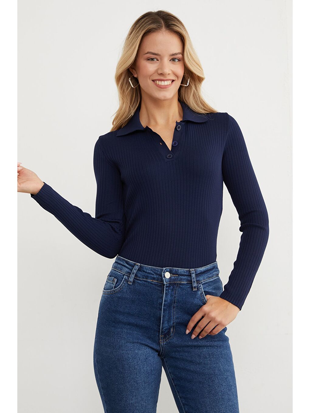 Lacivert Fitilli Polo Yaka Yarım Düğmeli Triko Kazak