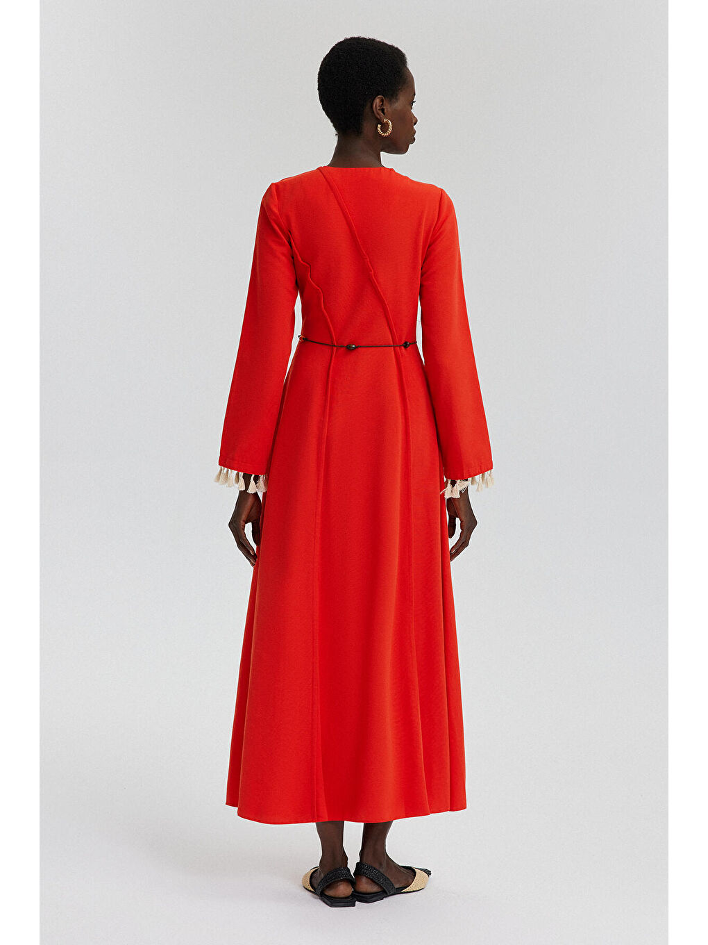 Kırmızı Nervür Detaylı Keten Elbise-3