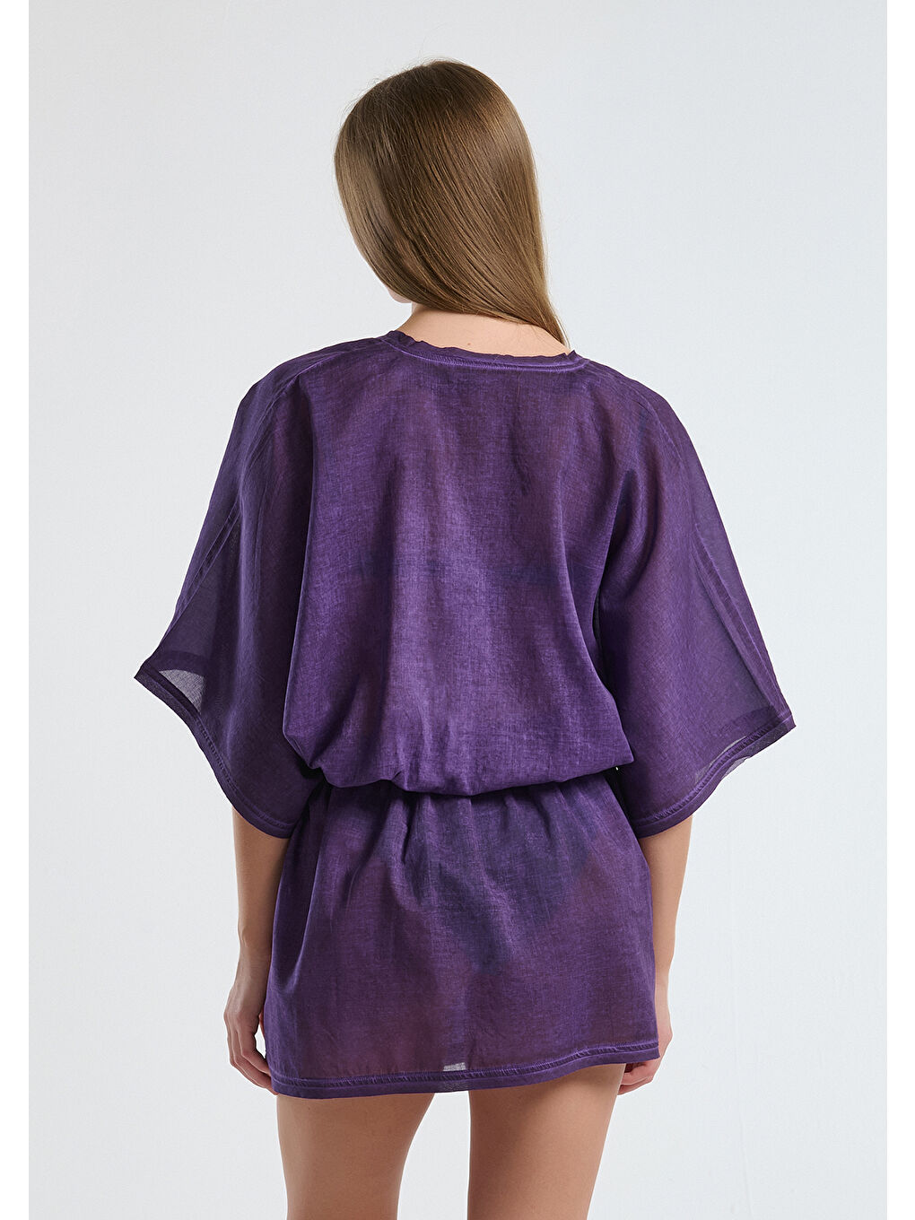 Kadın Mor %100 Pamuk Yarasa Kollu Beli Lastikli V Yaka Kısa Elbise-1