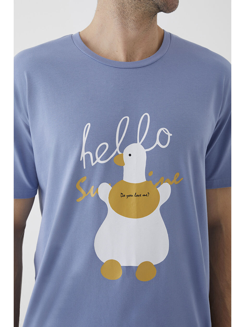 Mavi Erkek Kısa Kollu Pamuklu Ekose Desenli Ördek Baskılı %100 Pamuk Şortlu Pijama Takımıı-5