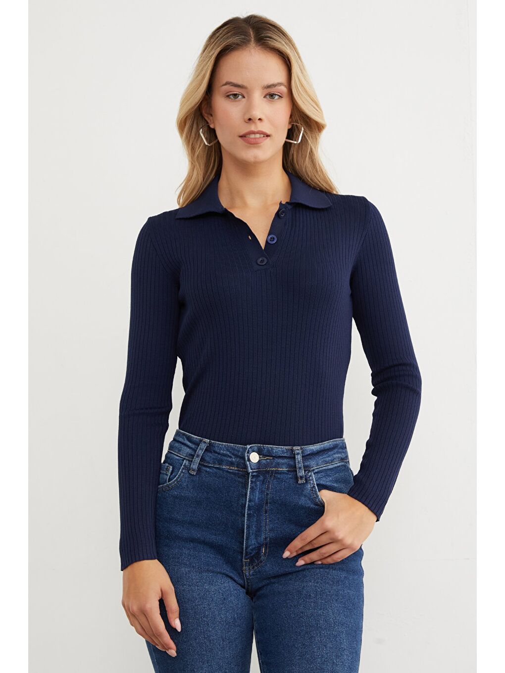 Lacivert Fitilli Polo Yaka Yarım Düğmeli Triko Kazak-1