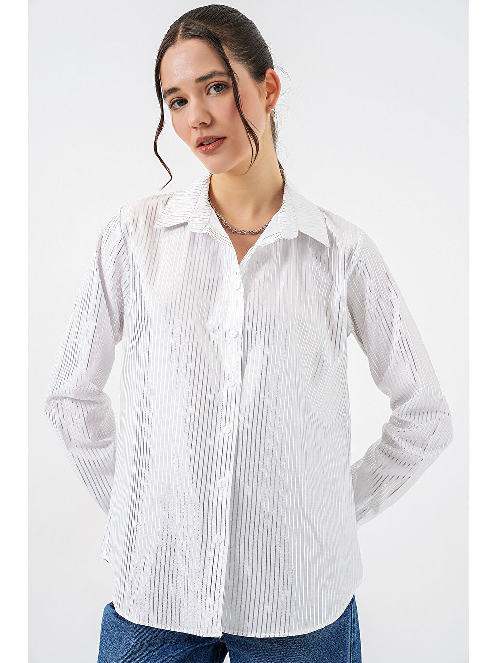 Gri Kadın Varak Desenli Gömlek 20253 - B.Gümüş-3