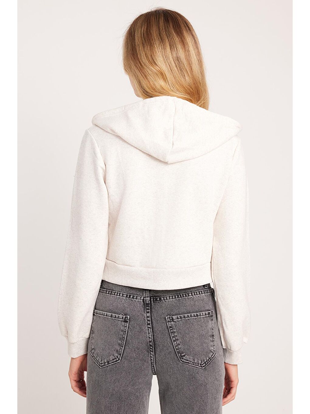 Kadın Slim Fit Dar Kesim Pamuklu Çift Cepli Kapüşonlu Fermuarlı Bej Hırka-5