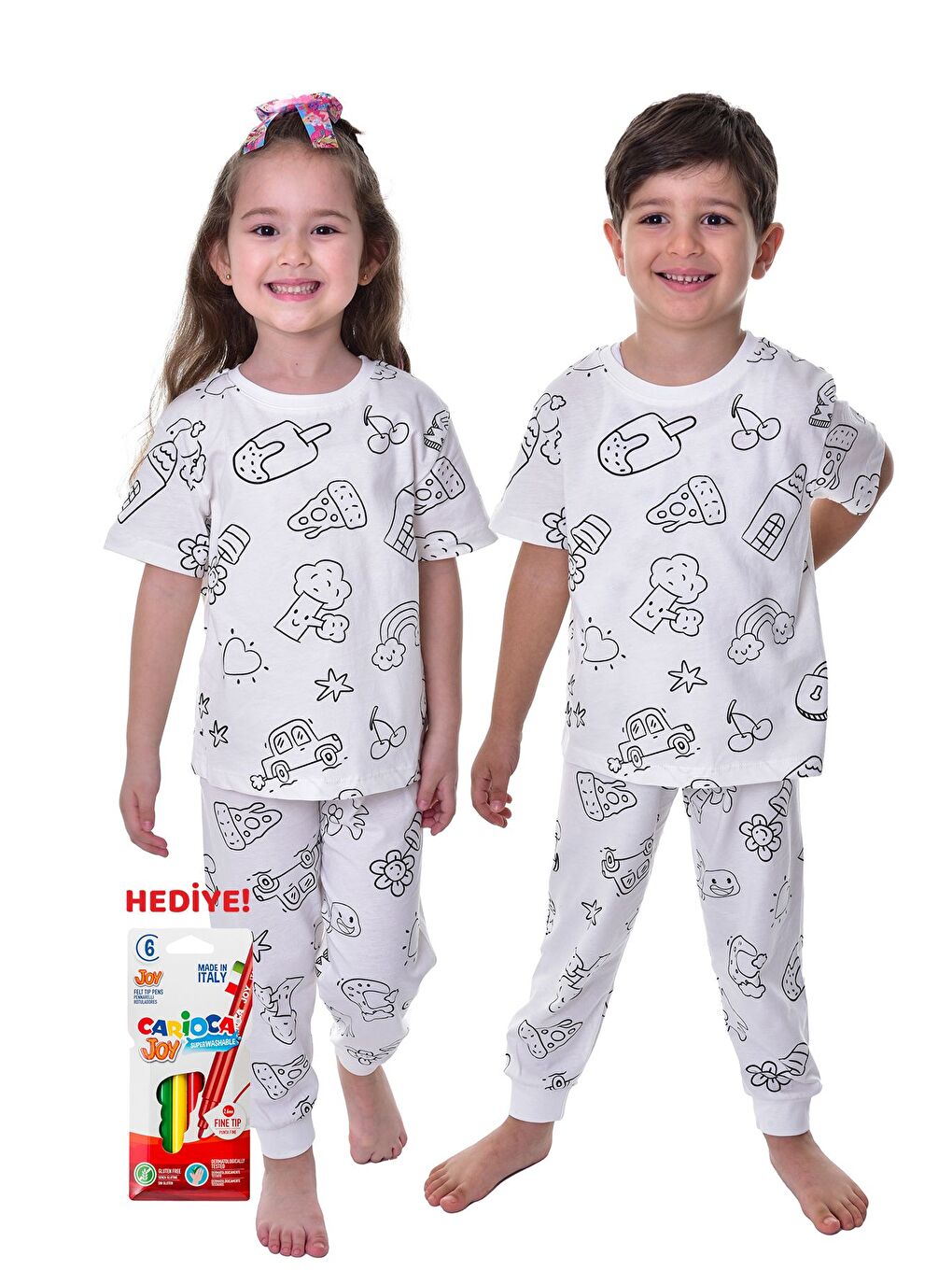 Beyaz En Sevimli Figürleri Özel Kalemi ile BOYANABİLİR Çocuk Pijama Takımı (Yıkama Sonrası Leke Bırakmaz)-3