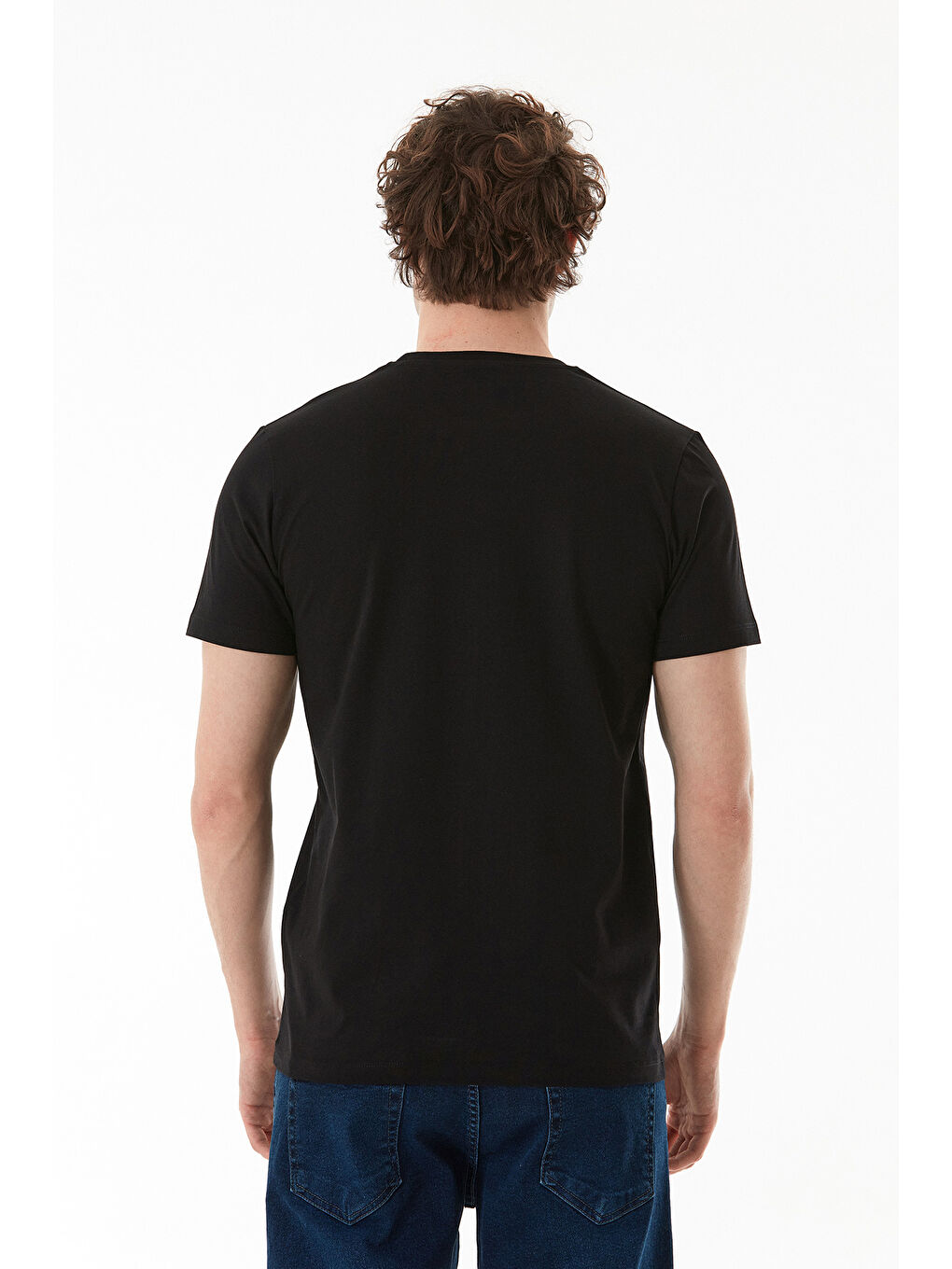 Siyah Kabartma Baskılı Bisiklet Yaka Tişört-3