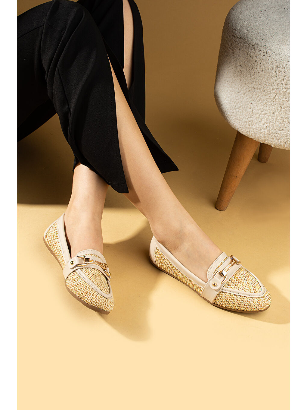 Bej Hasır Görünümlü Tokalı Rahat Taban Kadın Babet 016-0900-25Hasır-2