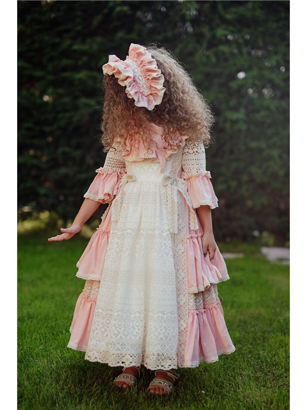 Pembe Doğum Günü Kız Çocuk Saç Aksesuarlı Vintage Elbise-2