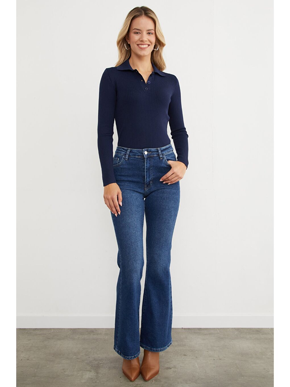 Lacivert Fitilli Polo Yaka Yarım Düğmeli Triko Kazak-2