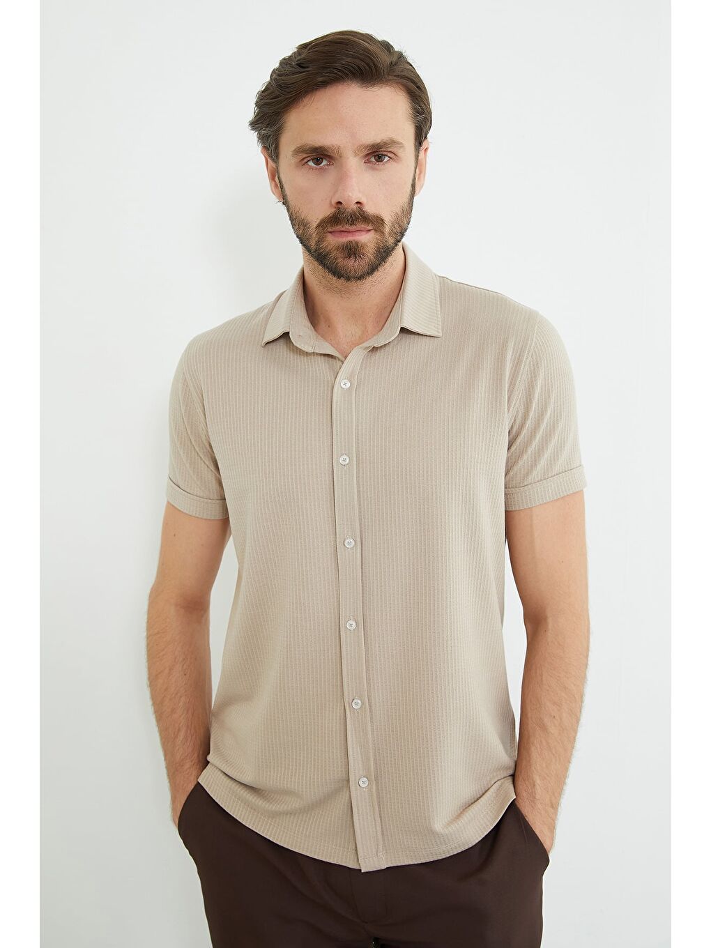 Bej Fitilli Kolu Katlı Slim Fit Gömlek