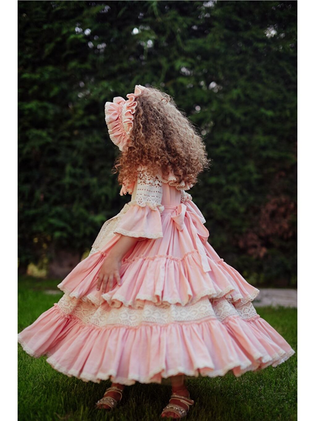 Pembe Doğum Günü Kız Çocuk Saç Aksesuarlı Vintage Elbise-4