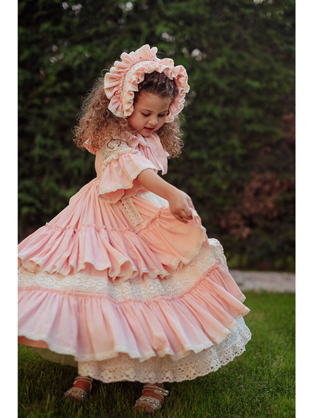 Pembe Doğum Günü Kız Çocuk Saç Aksesuarlı Vintage Elbise-5