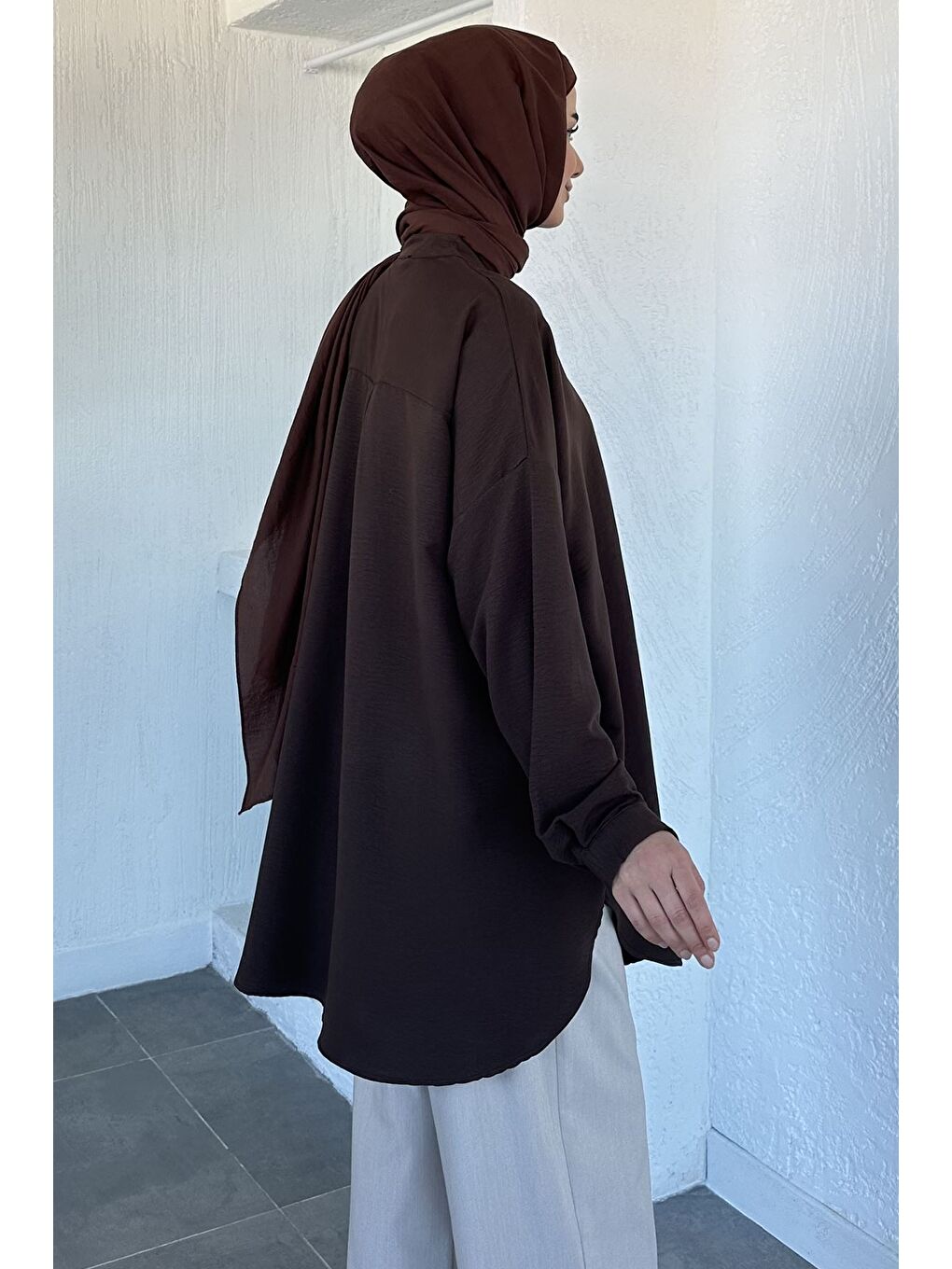 Kahverengi Hakim Yaka Basic Tesettür Tunik-7