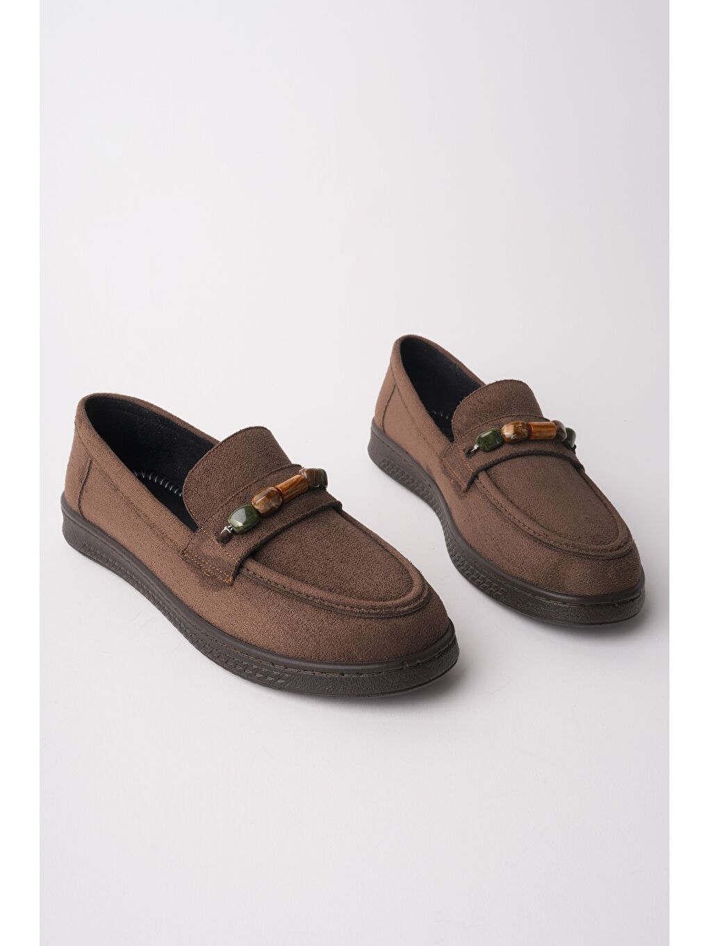 Kahverengi AUREVA Boncuk Detaylı Süet Kadın Günlük Loafer Ayakkabı-1