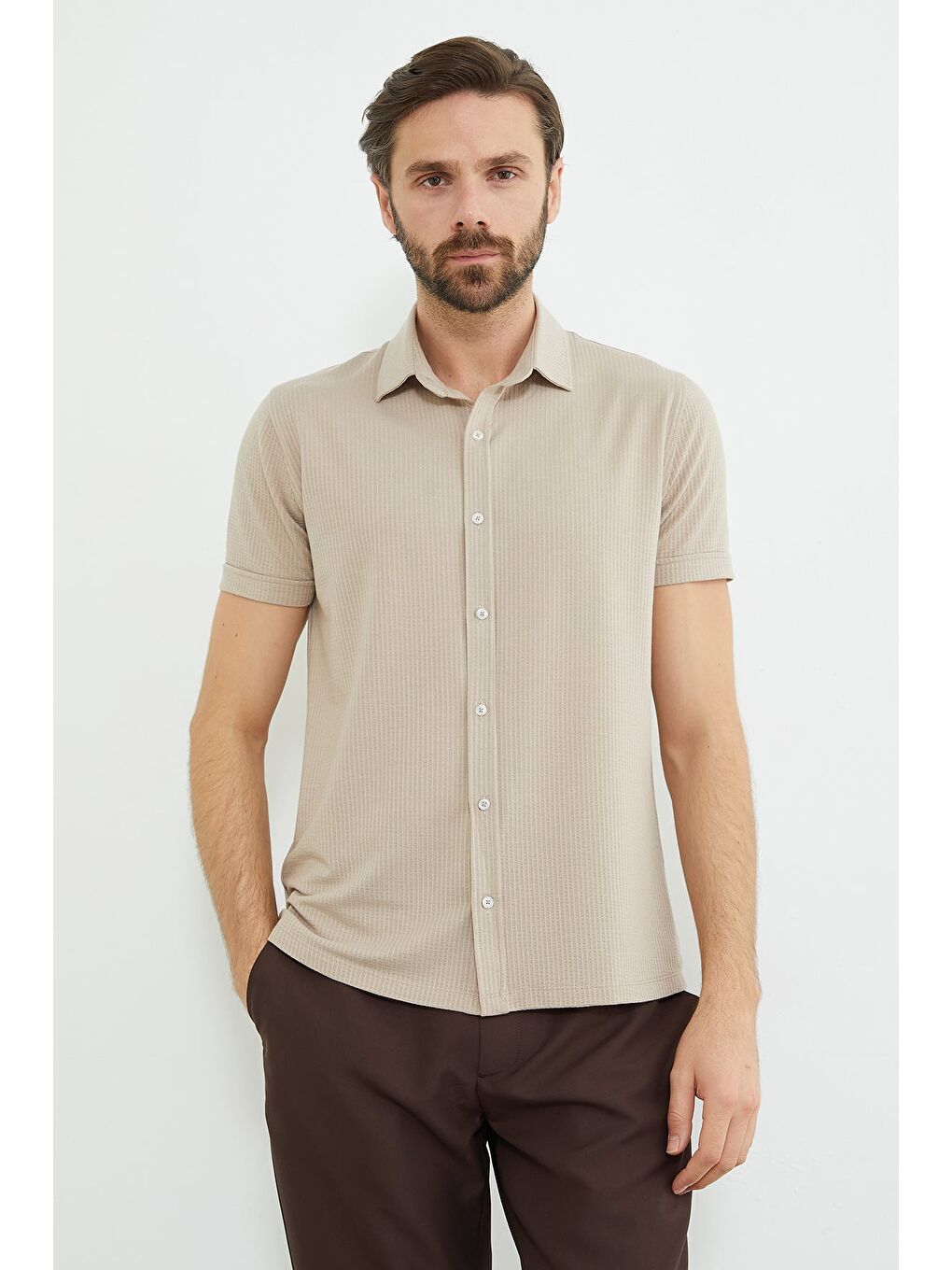 Bej Fitilli Kolu Katlı Slim Fit Gömlek-1