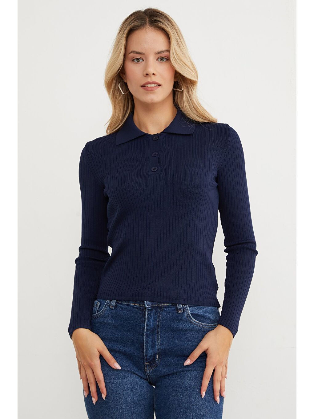 Lacivert Fitilli Polo Yaka Yarım Düğmeli Triko Kazak-3