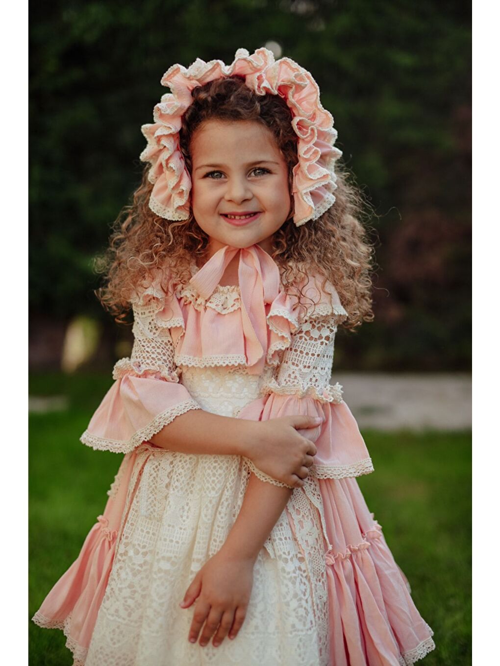 Pembe Doğum Günü Kız Çocuk Saç Aksesuarlı Vintage Elbise-7