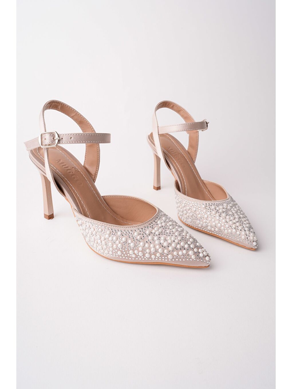 Bej CLUJ İnci Taş İşlemeli Sivri Burun Bilekten Bantlı Kadın Abiye Topuklu Ayakkabı-4