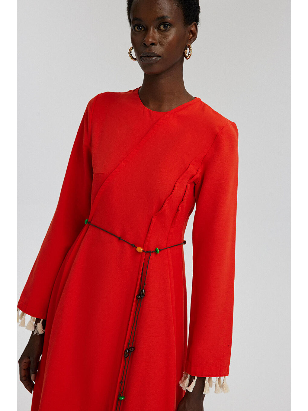 Kırmızı Nervür Detaylı Keten Elbise-4