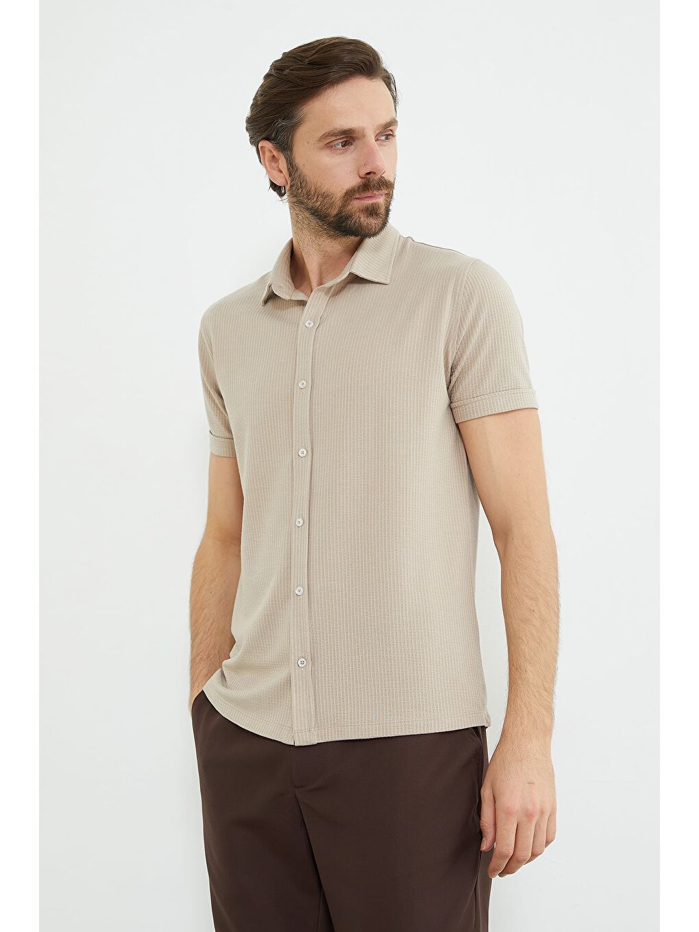 Bej Fitilli Kolu Katlı Slim Fit Gömlek-2