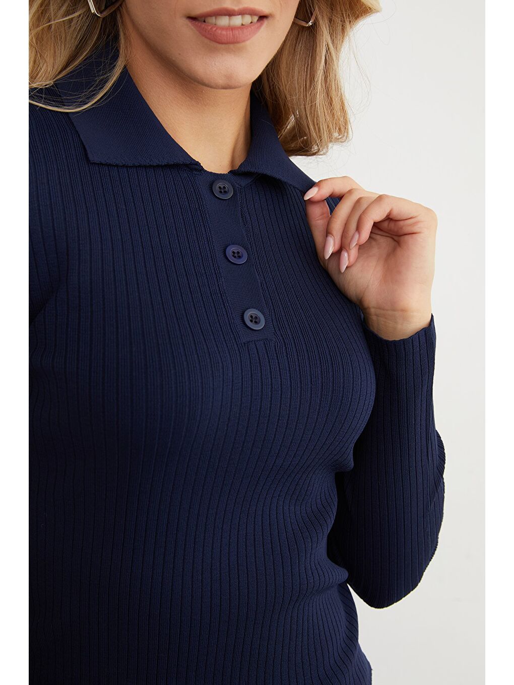 Lacivert Fitilli Polo Yaka Yarım Düğmeli Triko Kazak-4