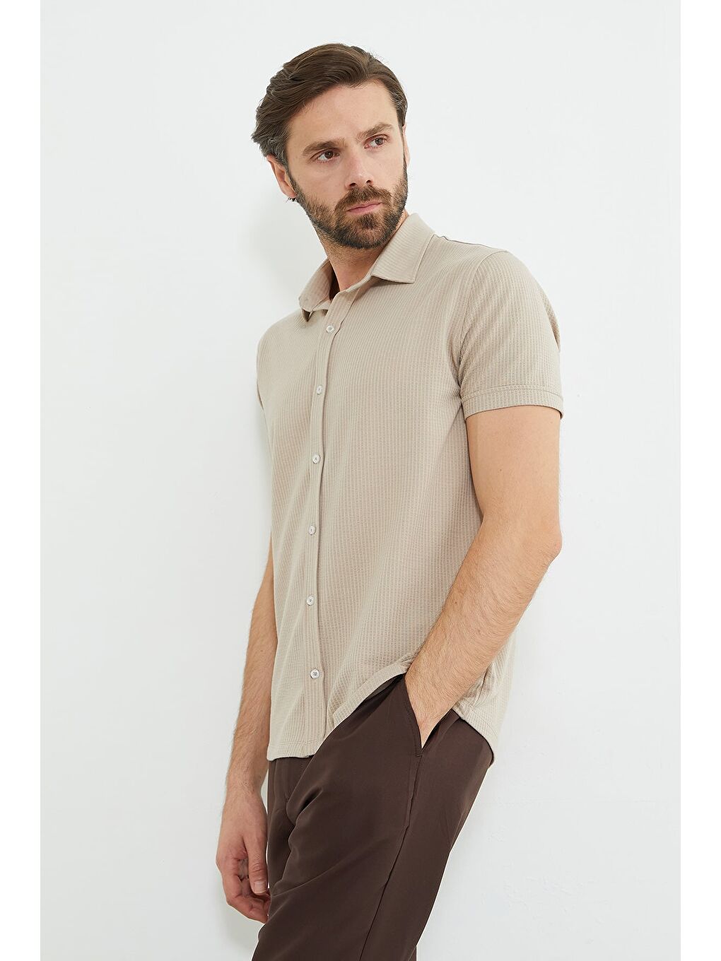 Bej Fitilli Kolu Katlı Slim Fit Gömlek-3