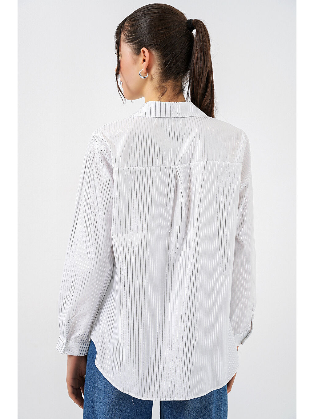 Gri Kadın Varak Desenli Gömlek 20253 - B.Gümüş-5