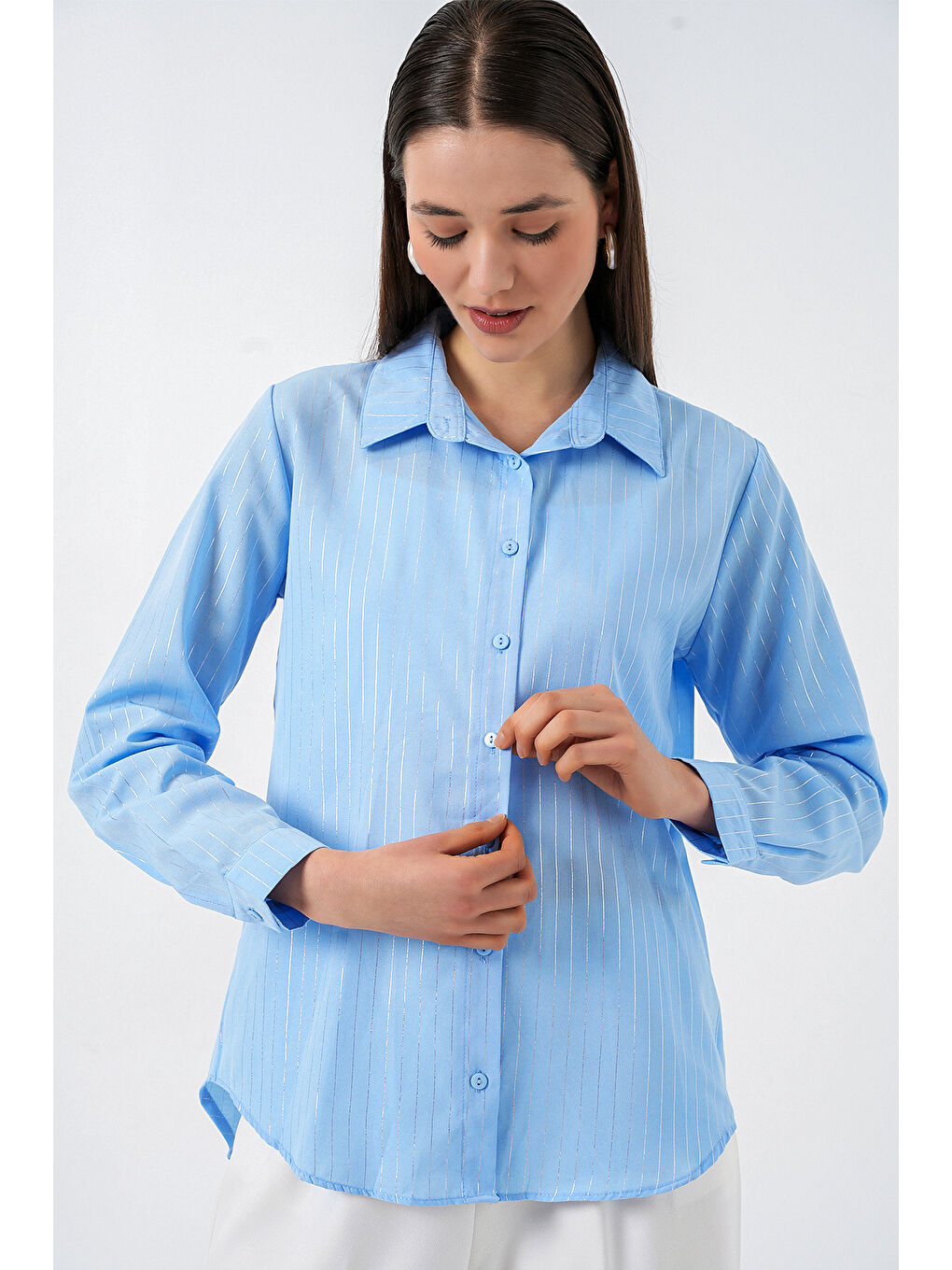 Kadın Varak Desenli Gömlek 20253 - Mavi-2