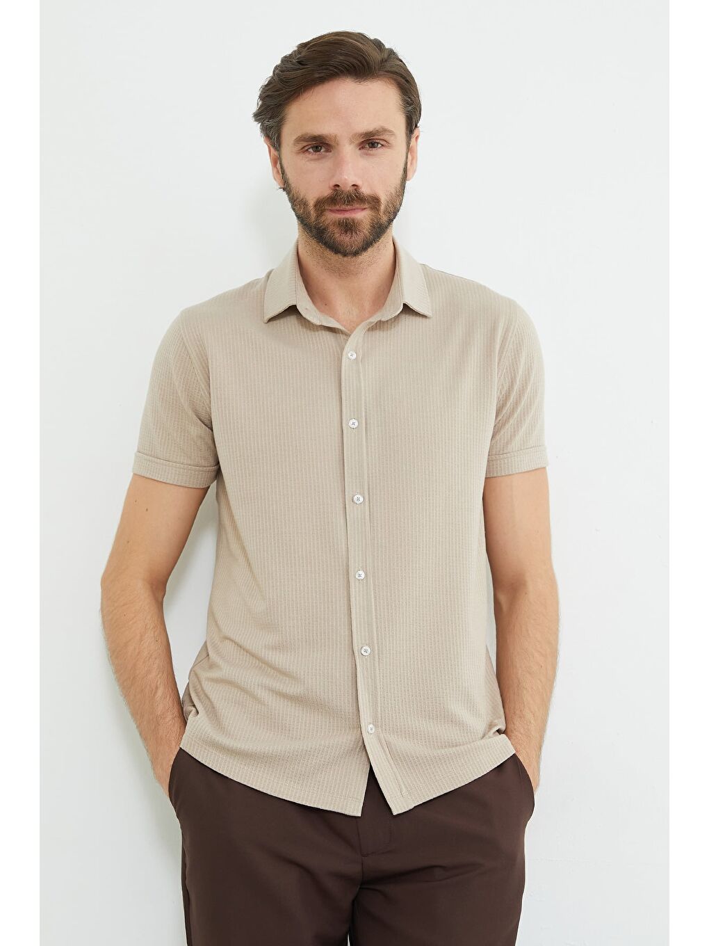 Bej Fitilli Kolu Katlı Slim Fit Gömlek-4