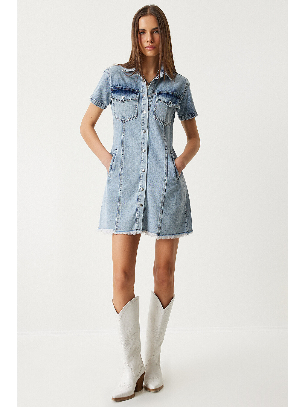 Mavi Püskül Detaylı Cepli Mini Denim Elbise ORTA MAVİ LAN0001