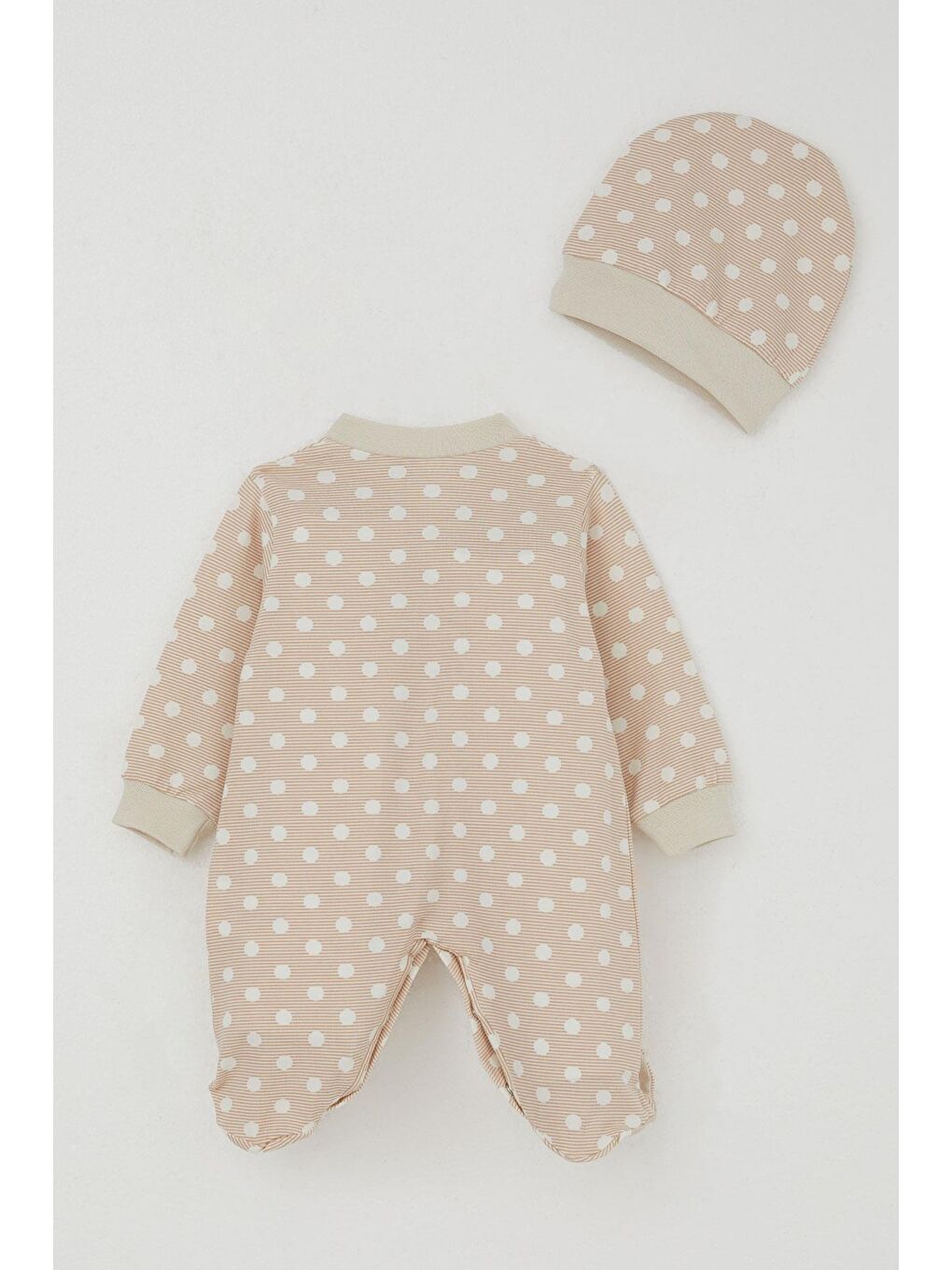 Erkek Bebek Patikli Tulum Çizgili Puantiye Desenli Bej (0-6 Ay)-1
