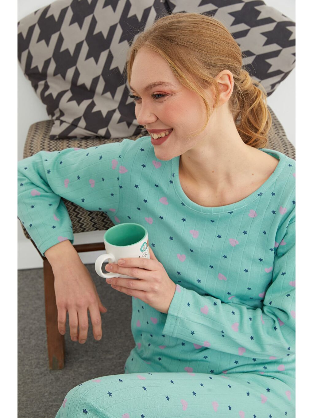 Yeşil Büyük Beden Kalp Ve Yıldız Desenli Pijama Takımı-1