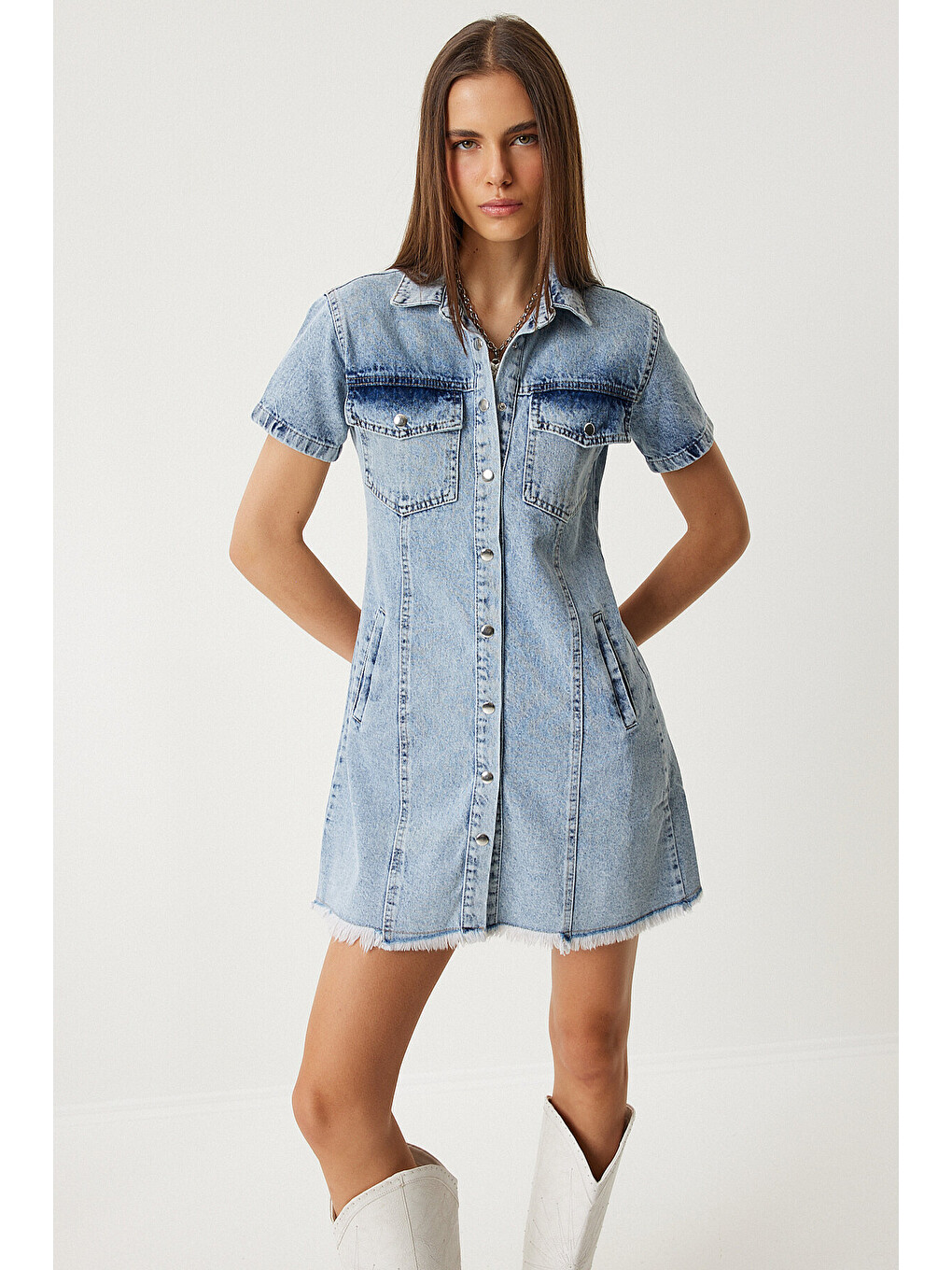 Mavi Püskül Detaylı Cepli Mini Denim Elbise ORTA MAVİ LAN0001-1