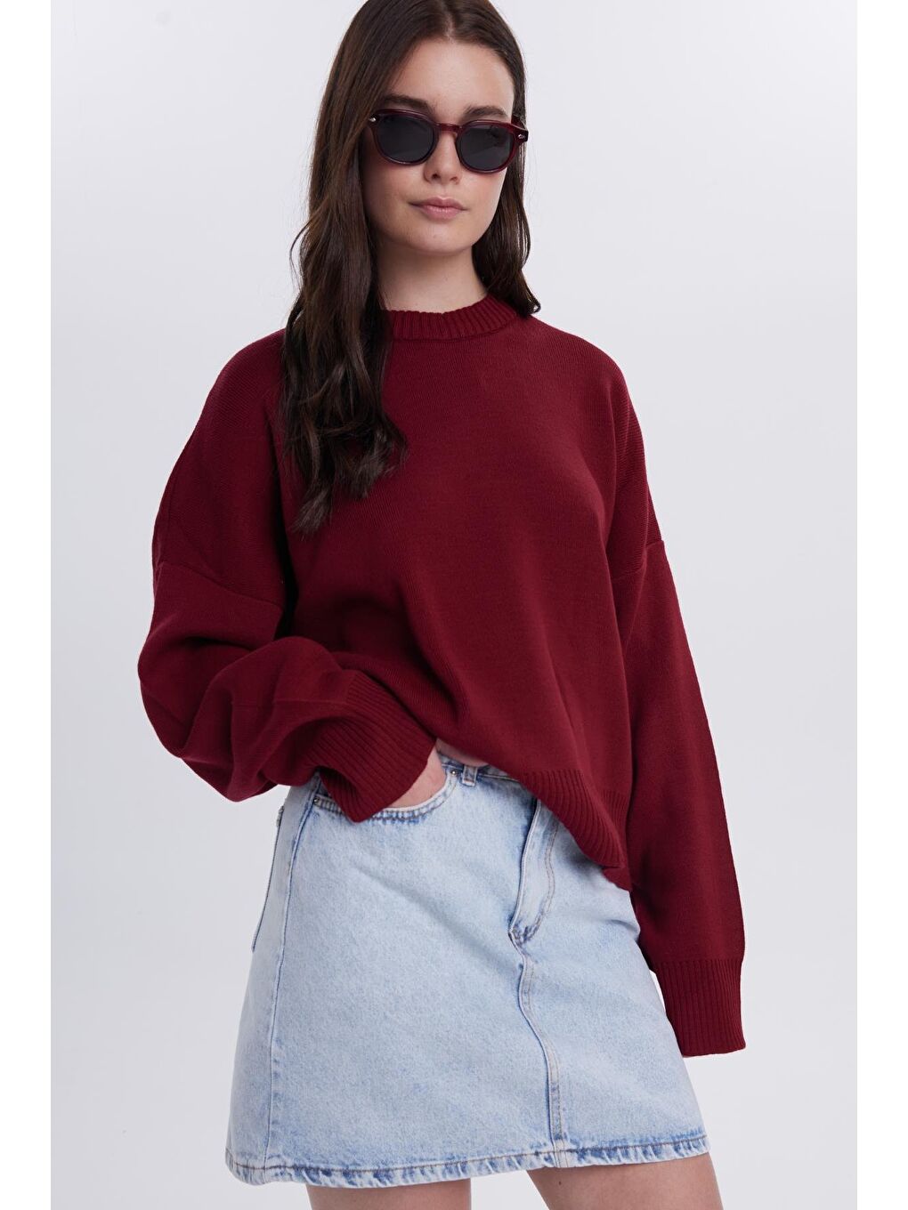 Kadın Oversize Geniş Kesim Bisiklet Yaka Bordo Kazak-1