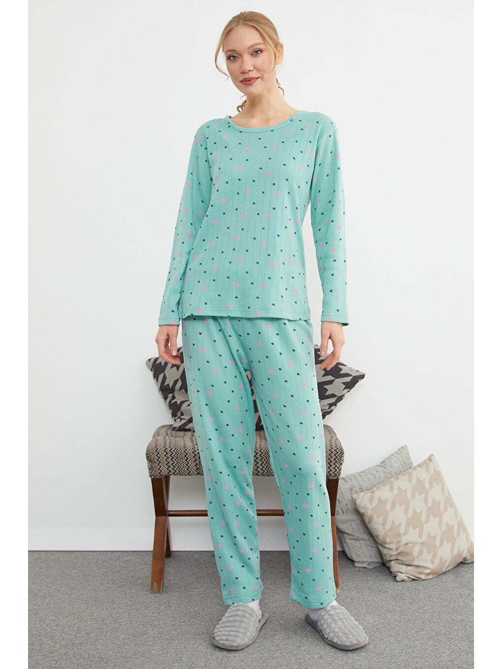 Yeşil Büyük Beden Kalp Ve Yıldız Desenli Pijama Takımı-2