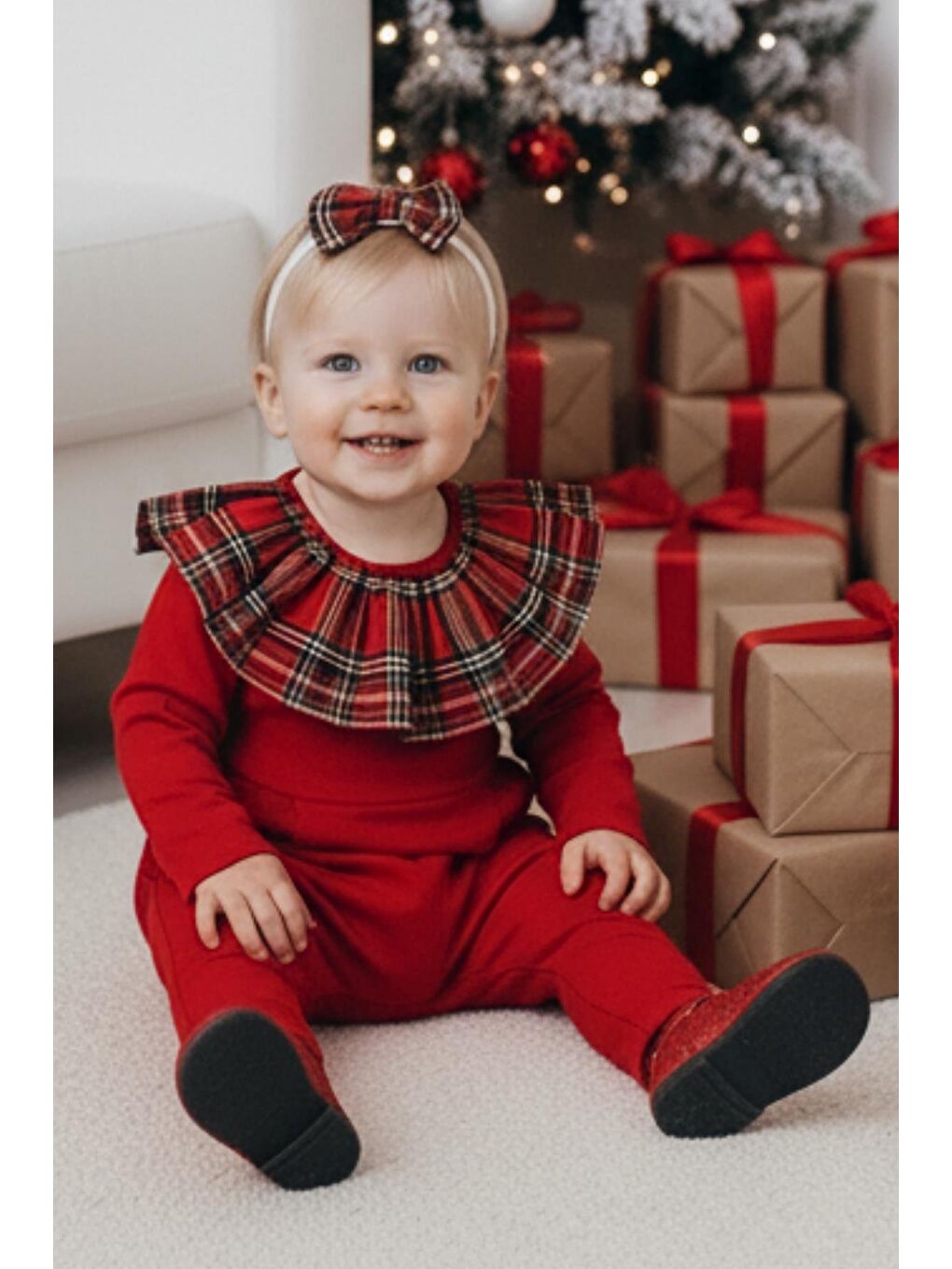 Kız Çocuk Kırmızı Ekose Yakalı Çıtçıt Detaylı Yılbaşı Tulum Salopet-1