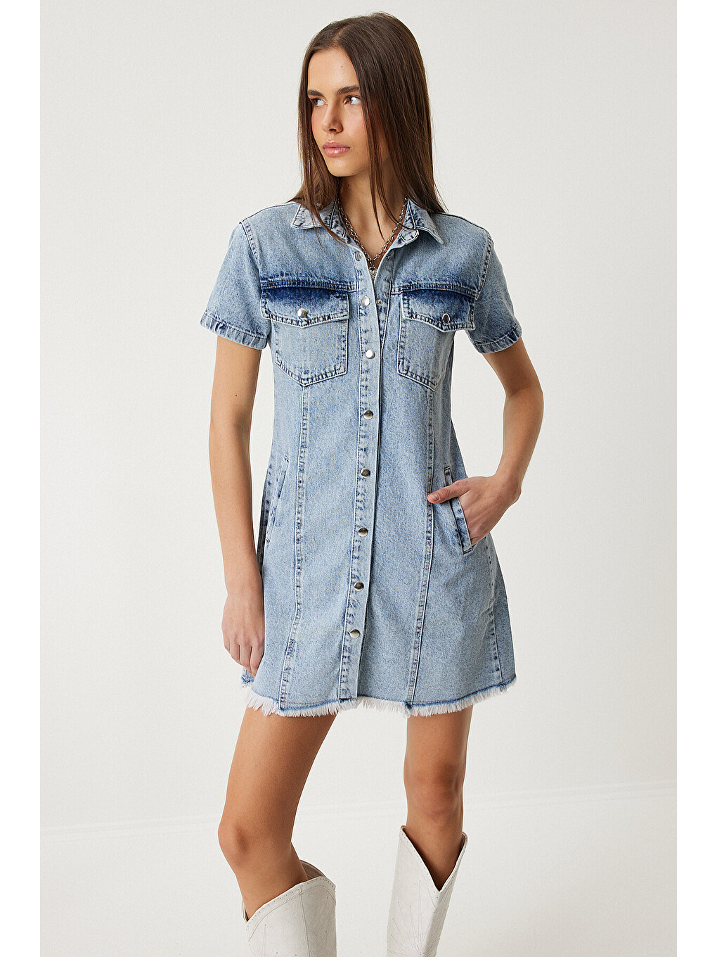 Mavi Püskül Detaylı Cepli Mini Denim Elbise ORTA MAVİ LAN0001-2