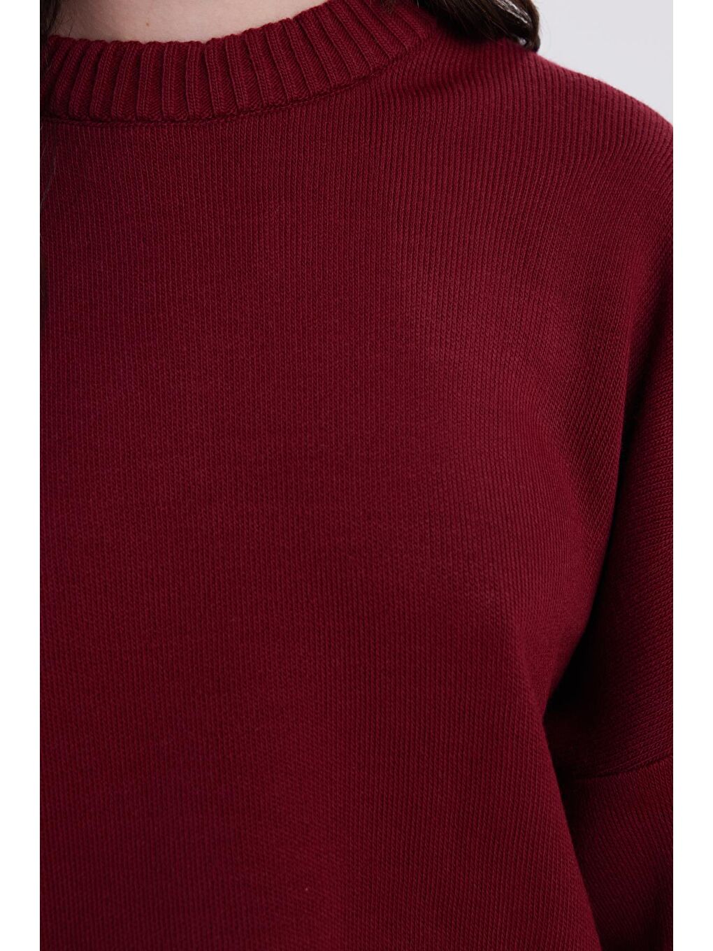 Kadın Oversize Geniş Kesim Bisiklet Yaka Bordo Kazak-2