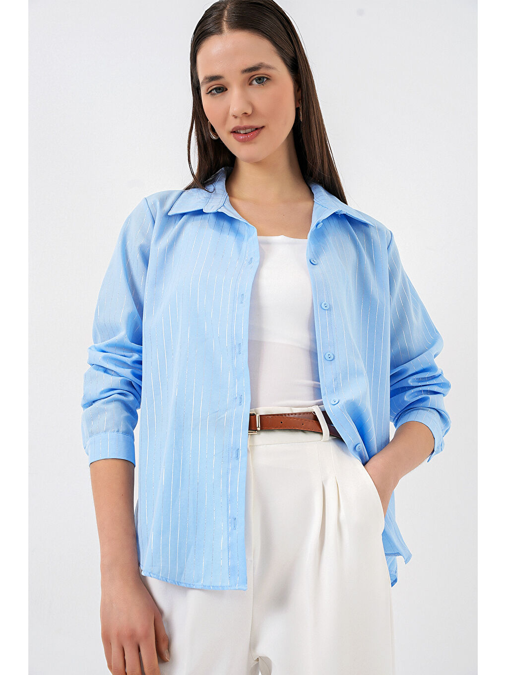 Kadın Varak Desenli Gömlek 20253 - Mavi-3