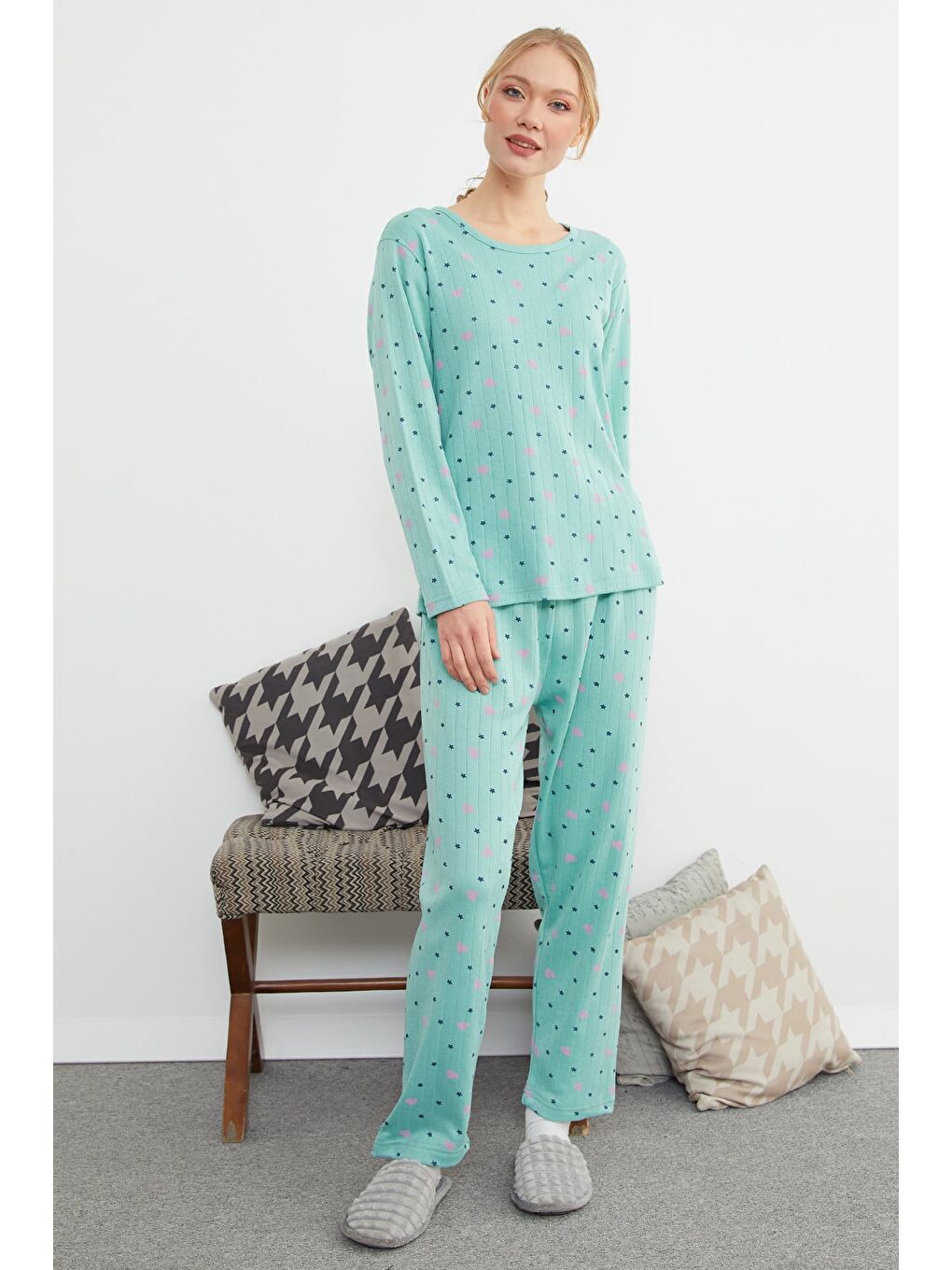 Yeşil Büyük Beden Kalp Ve Yıldız Desenli Pijama Takımı-3