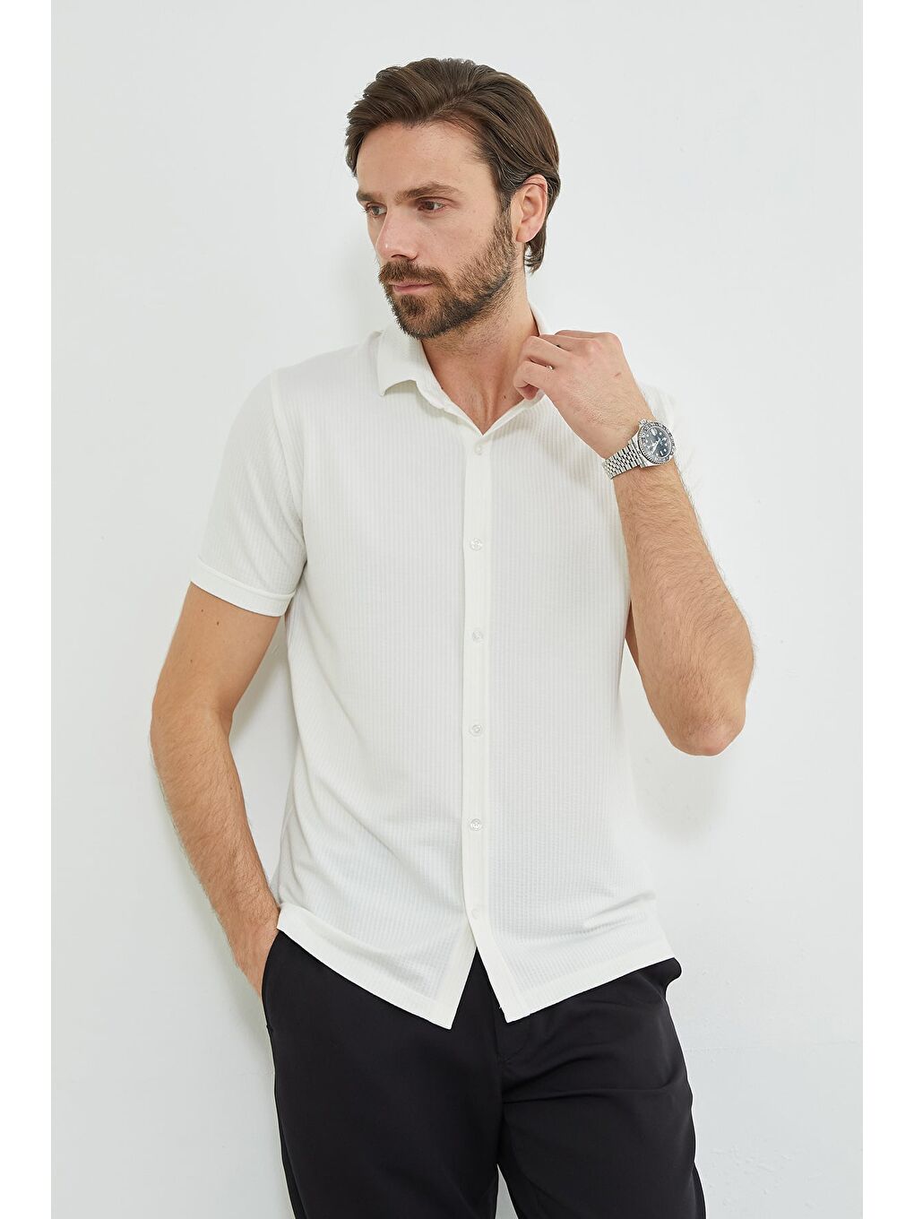Ekru Fitilli Kolu Katlı Slim Fit Gömlek