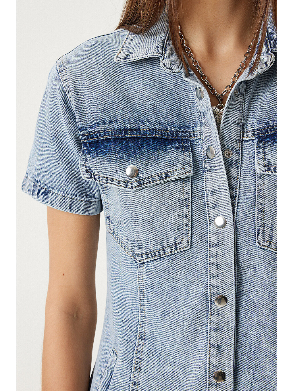 Mavi Püskül Detaylı Cepli Mini Denim Elbise ORTA MAVİ LAN0001-3