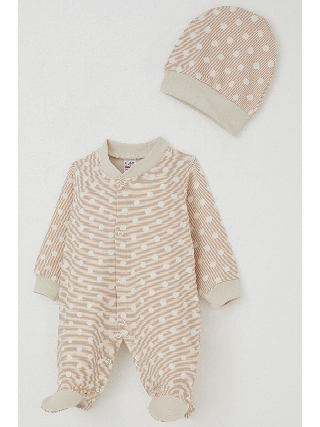 Erkek Bebek Patikli Tulum Çizgili Puantiye Desenli Bej (0-6 Ay)-2