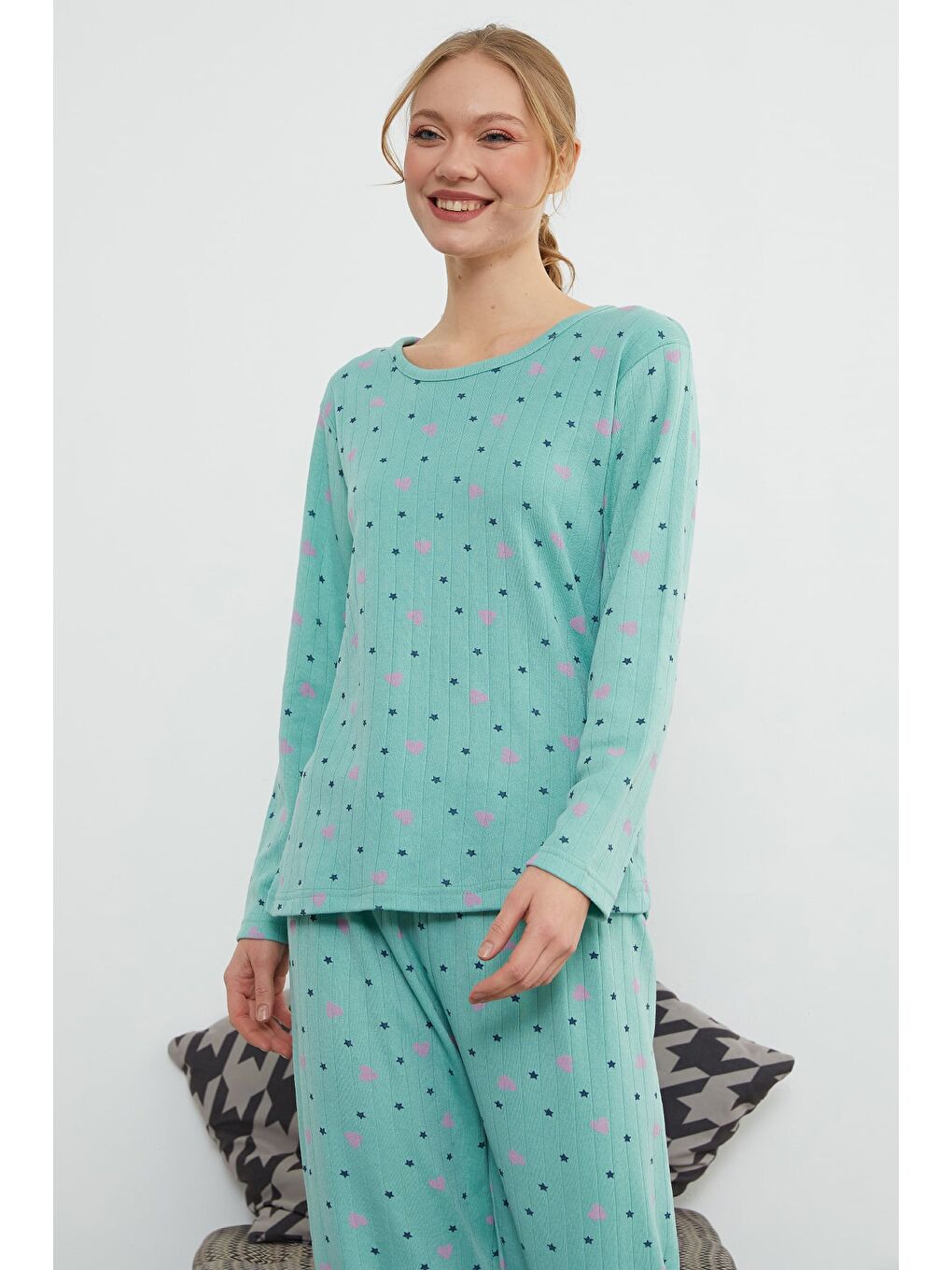 Yeşil Büyük Beden Kalp Ve Yıldız Desenli Pijama Takımı-4